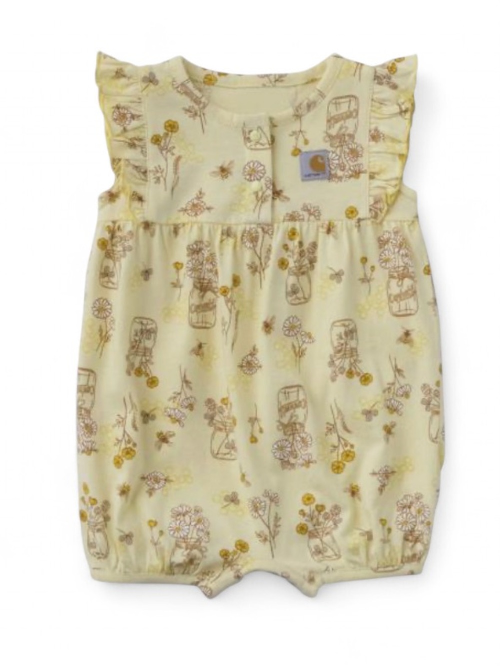 Carhartt baby girl 0-3M Yellow Floral & Bee Baby Romper with Ruffle Shoulders